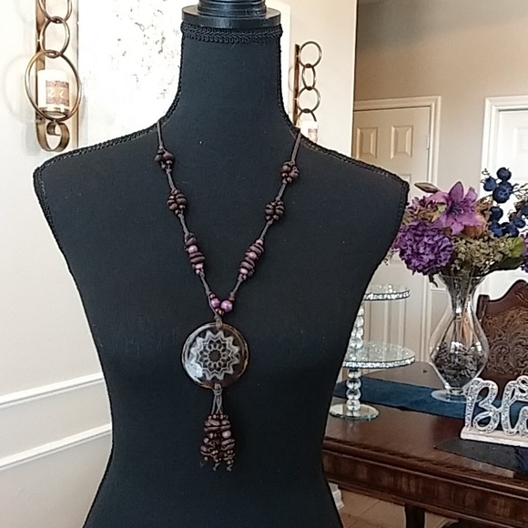 Coffee Bean Necklace With Floral Disk Pendant - Picture 9 of 17